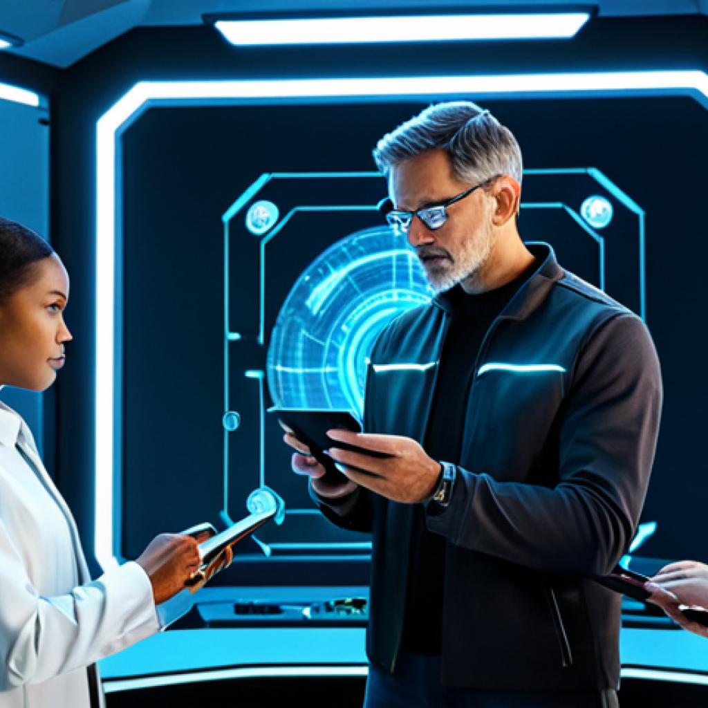 A diverse team of four professional characters, fully clothed in modest, high-tech, and functional attire, are gathered around a holographic tactical display in a brightly lit, futuristic command center. One character points thoughtfully at a projection, while others review data on personal tablets, all engaged in a strategic discussion. The scene emphasizes intelligent teamwork and coordinated planning. Perfect anatomy, correct proportions, natural pose, well-formed hands, proper finger count, natural body proportions. Safe for work, appropriate content, fully clothed, professional, family-friendly.