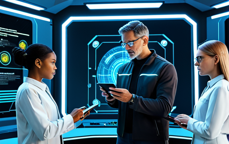 A diverse team of four professional characters, fully clothed in modest, high-tech, and functional attire, are gathered around a holographic tactical display in a brightly lit, futuristic command center. One character points thoughtfully at a projection, while others review data on personal tablets, all engaged in a strategic discussion. The scene emphasizes intelligent teamwork and coordinated planning. Perfect anatomy, correct proportions, natural pose, well-formed hands, proper finger count, natural body proportions. Safe for work, appropriate content, fully clothed, professional, family-friendly.
