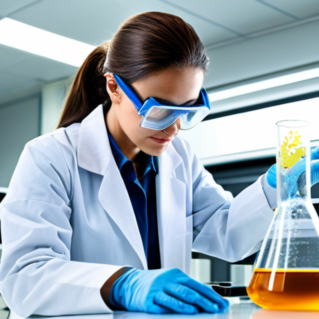 **

"A professional scientist, fully clothed in a lab coat and safety goggles, working at a complex machine in a brightly lit laboratory. Beakers and equipment surround her. Safe for work, appropriate content, perfect anatomy, natural proportions, professional, high quality."

**