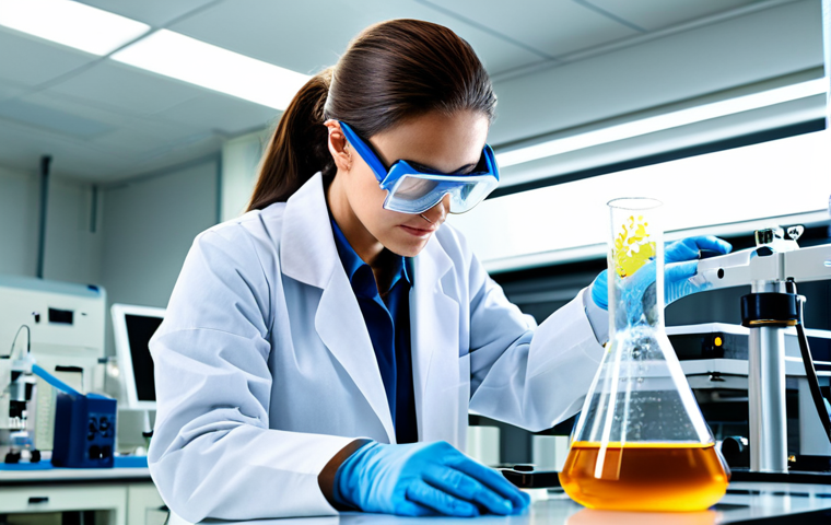 **
"A professional scientist, fully clothed in a lab coat and safety goggles, working at a complex machine in a brightly lit laboratory. Beakers and equipment surround her. Safe for work, appropriate content, perfect anatomy, natural proportions, professional, high quality."
**