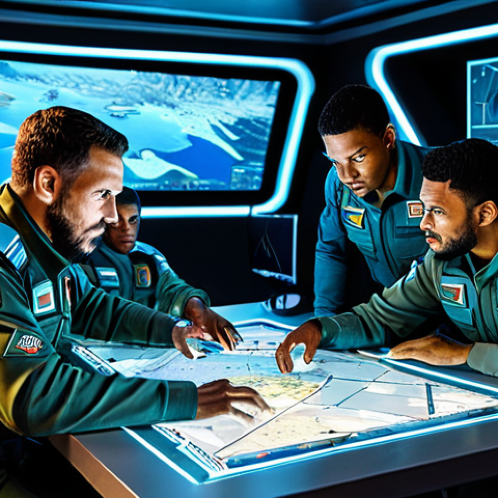 **
A strategic command center scene. A fully clothed team of diverse, futuristic warriors (Nikkes) are depicted around a holographic table displaying a battle map of Rio de Janeiro. The Nikkes are in modest tactical gear, demonstrating teamwork and focused expressions. The style is akin to professional game art, with high detail and vibrant colors. Safe for work, appropriate content, professional, family-friendly. Perfect anatomy, correct proportions, natural pose.
**