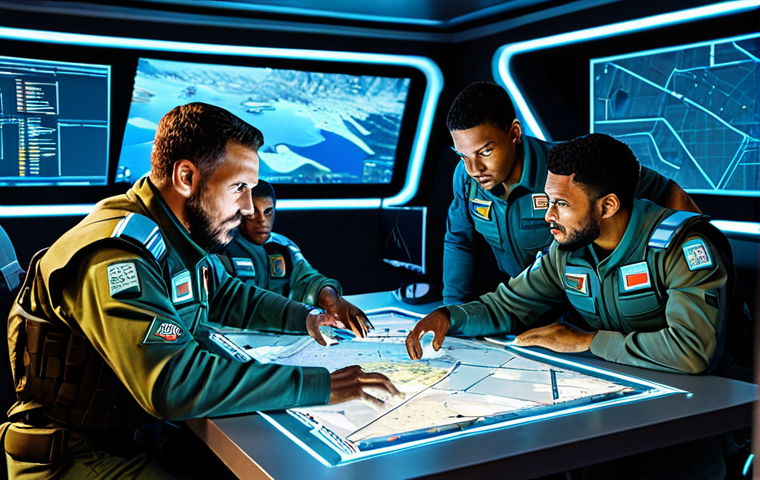 **
A strategic command center scene. A fully clothed team of diverse, futuristic warriors (Nikkes) are depicted around a holographic table displaying a battle map of Rio de Janeiro. The Nikkes are in modest tactical gear, demonstrating teamwork and focused expressions. The style is akin to professional game art, with high detail and vibrant colors. Safe for work, appropriate content, professional, family-friendly. Perfect anatomy, correct proportions, natural pose.
**