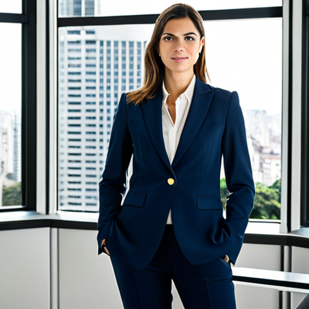Modern Office Scene**
"A confident businesswoman in a tailored blazer and smart trousers, standing in a brightly lit São Paulo office overlooking the Avenida Paulista, fully clothed, appropriate attire, safe for work, perfect anatomy, natural pose, professional corporate photography, high resolution."
**
