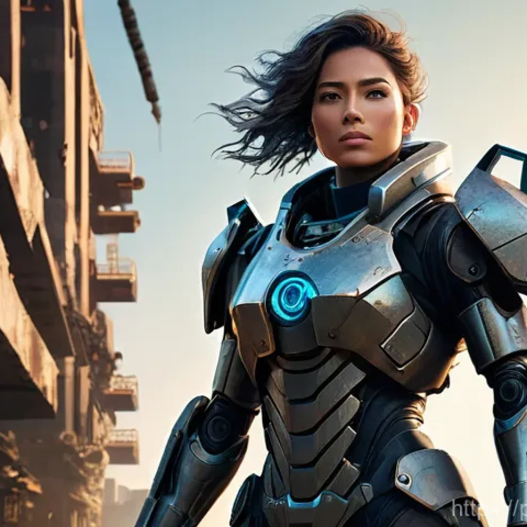 승리의여신 니케 세계관 삽화 전시 - **"A full-body digital illustration of a powerful female Nikke character, similar to Rapi, standing ...