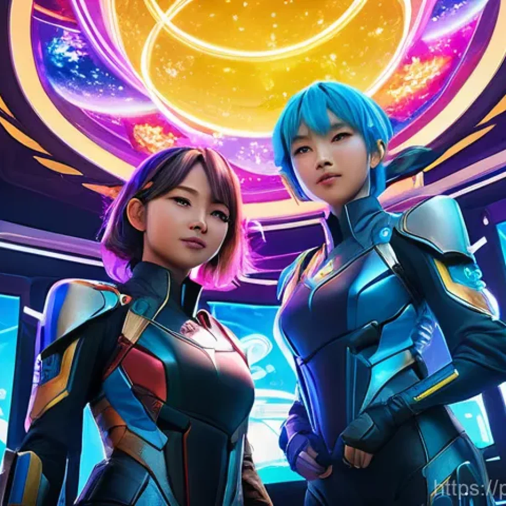 승리의여신 니케 특별 이벤트 요약 - **Prompt:** A dynamic and triumphant scene within a futuristic, vibrant event hub. Three diverse NIK...