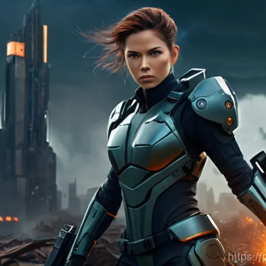 승리의여신 니케 개발사 인사말 - **Prompt:** A dynamic, full-body shot of a female NIKKE character in a sleek, non-revealing, futuris...