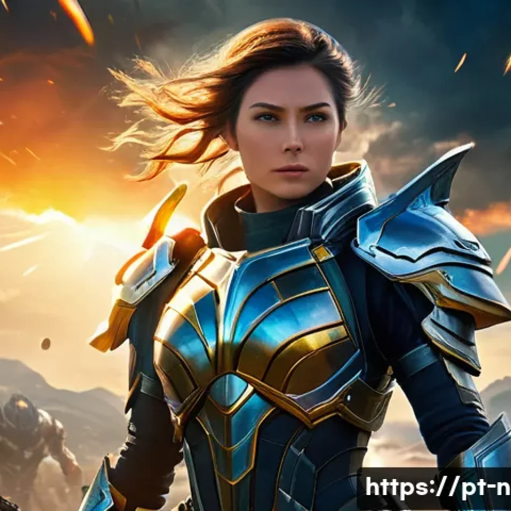 승리의여신 니케 프리미엄 패키지 혜택 - A dynamic fantasy battle scene featuring a rare female heroine clad in elaborate, high-tech armor an...