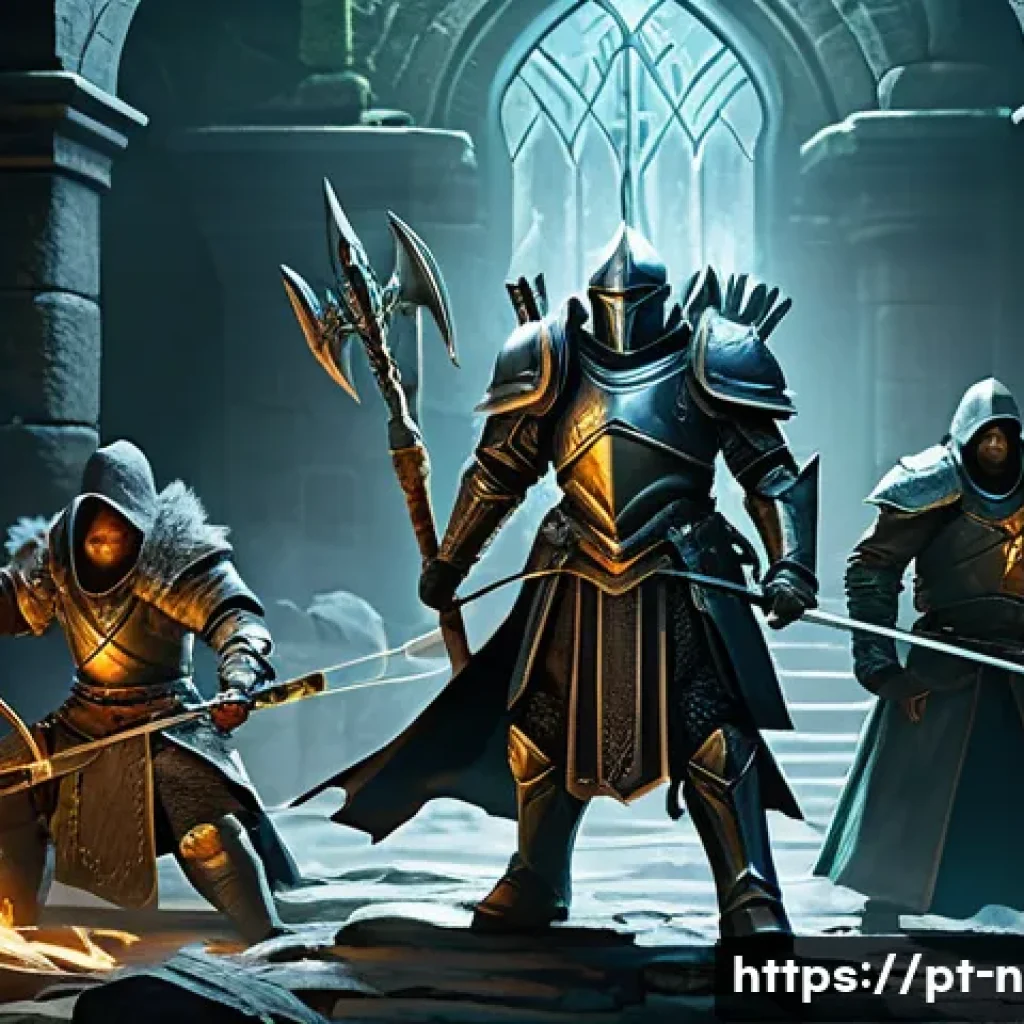 승리의여신 니케 던전 공략법 - A detailed fantasy dungeon scene featuring a diverse group of adventurers preparing for battle: a he...