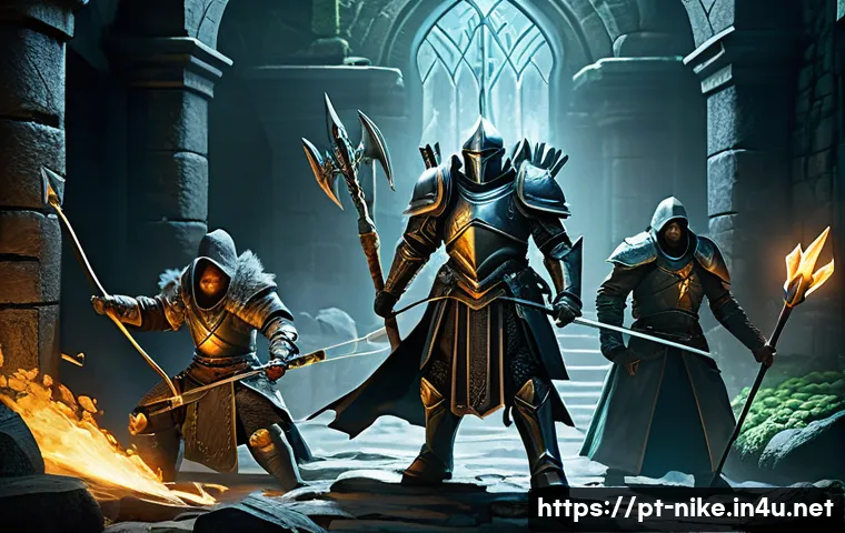 승리의여신 니케 던전 공략법 - A detailed fantasy dungeon scene featuring a diverse group of adventurers preparing for battle: a he...