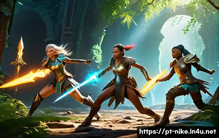 승리의여신 니케 최적의 파밍 경로 - A dynamic fantasy battle scene featuring a team of diverse female warriors called "Nikes" in stylish...