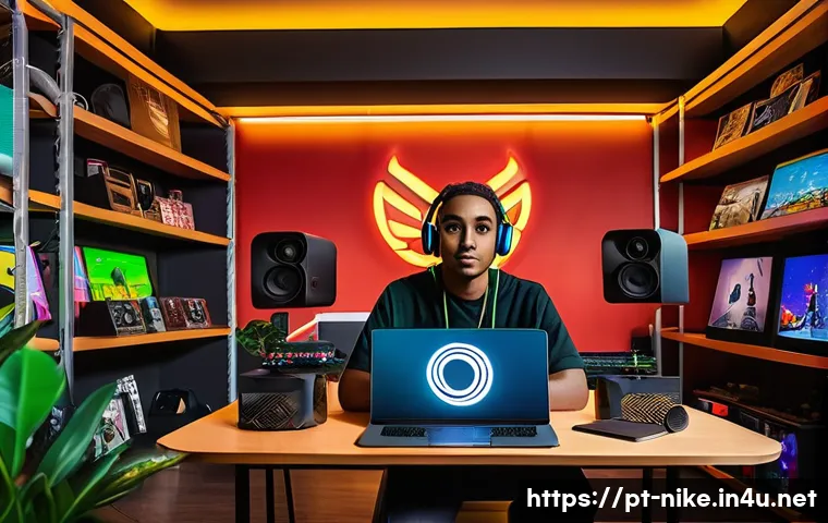 승리의여신 니케 배경 음악 다운로드 - A cozy digital music room featuring a Portuguese gamer sitting comfortably with headphones, browsing...