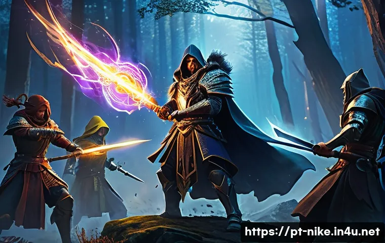 승리의여신 니케 스킬 조합 팁 - A dynamic fantasy battle scene featuring a diverse team of heroes in action: a swift rogue executing...