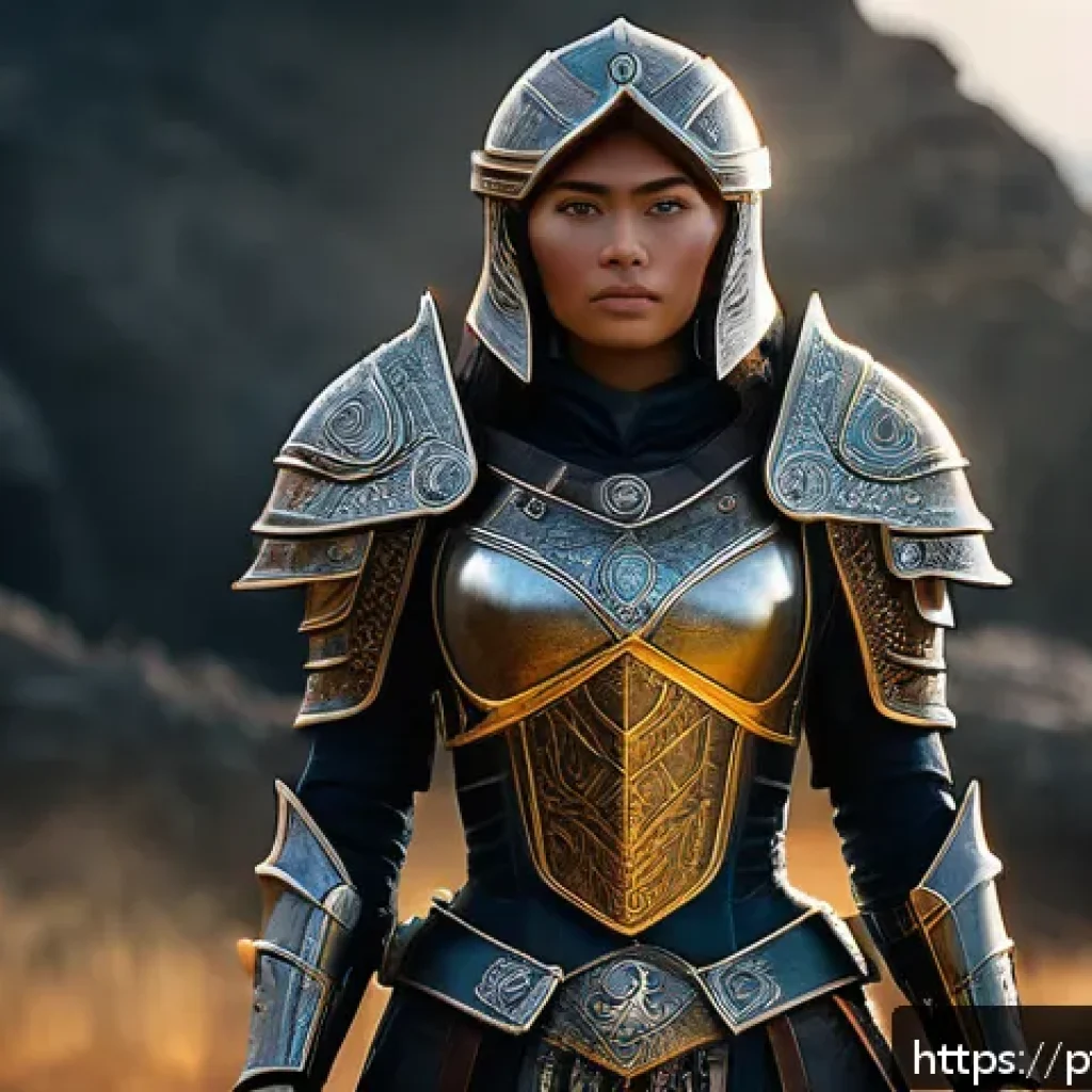 승리의여신 니케 전략별 장비 세팅 - A powerful female warrior wearing a full suit of heavy armor designed for both physical and magical ...