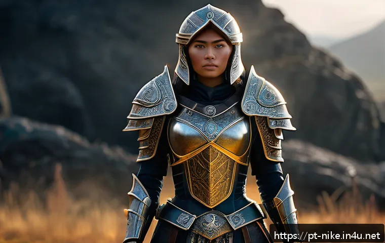 승리의여신 니케 전략별 장비 세팅 - A powerful female warrior wearing a full suit of heavy armor designed for both physical and magical ...