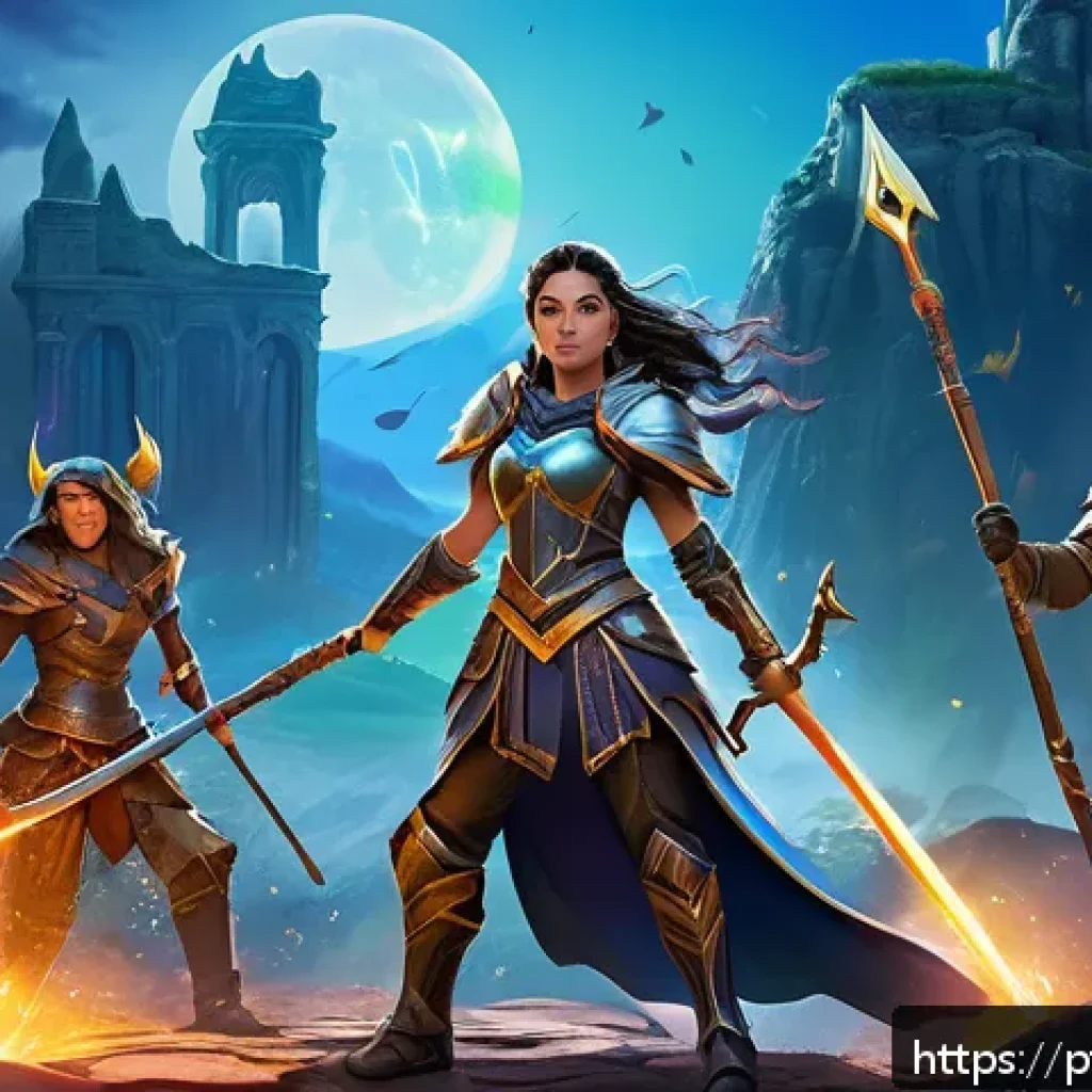 승리의여신 니케 가챠 이벤트 분석 - A vibrant fantasy game scene featuring a diverse team of characters in dynamic battle poses: a power...