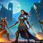 승리의여신 니케 가챠 이벤트 분석 - A vibrant fantasy game scene featuring a diverse team of characters in dynamic battle poses: a power...