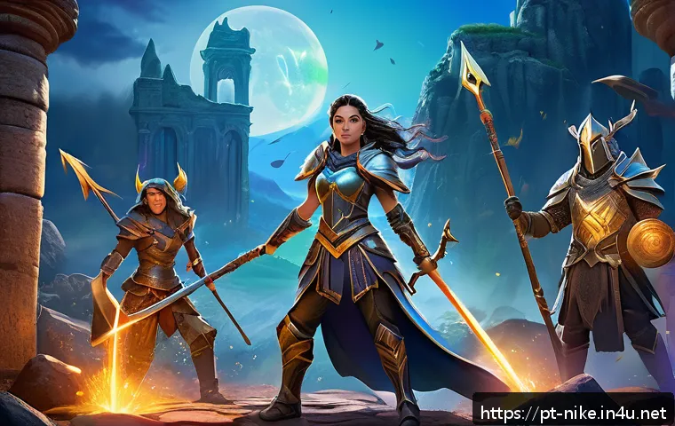 승리의여신 니케 가챠 이벤트 분석 - A vibrant fantasy game scene featuring a diverse team of characters in dynamic battle poses: a power...