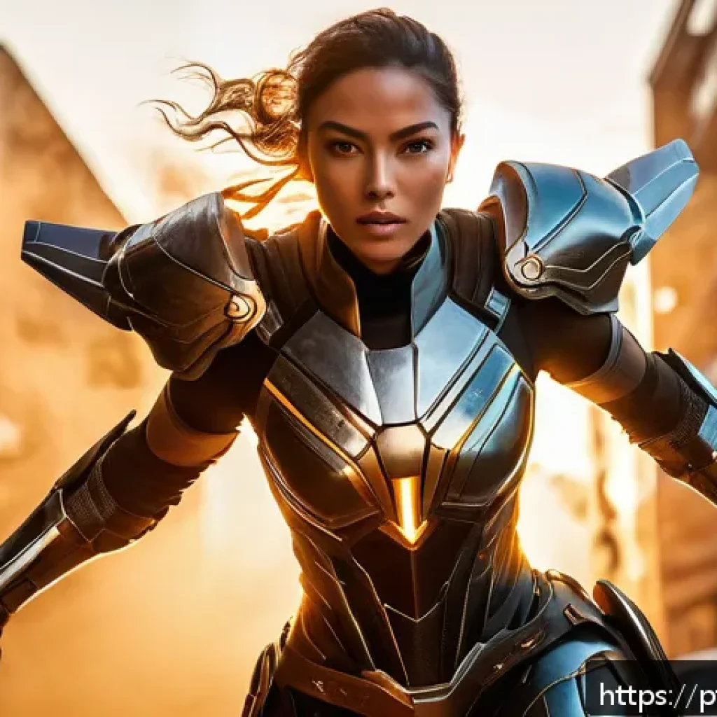 승리의여신 니케 스크린샷 촬영 팁 - A dynamic action scene featuring a Victory Goddess: NIKKE character in mid-attack pose, wearing deta...