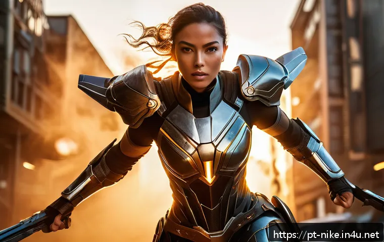 승리의여신 니케 스크린샷 촬영 팁 - A dynamic action scene featuring a Victory Goddess: NIKKE character in mid-attack pose, wearing deta...