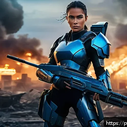 승리의여신 니케 무기 상점 추천 - A futuristic female warrior in sleek tactical armor holding the “Valkyrie Edge” rifle with glowing b...