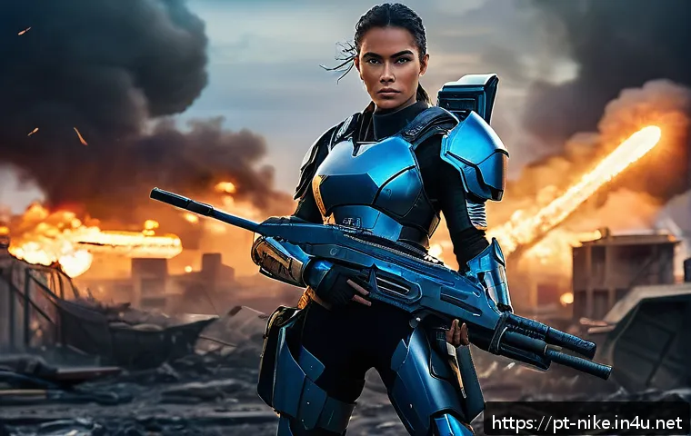 승리의여신 니케 무기 상점 추천 - A futuristic female warrior in sleek tactical armor holding the “Valkyrie Edge” rifle with glowing b...
