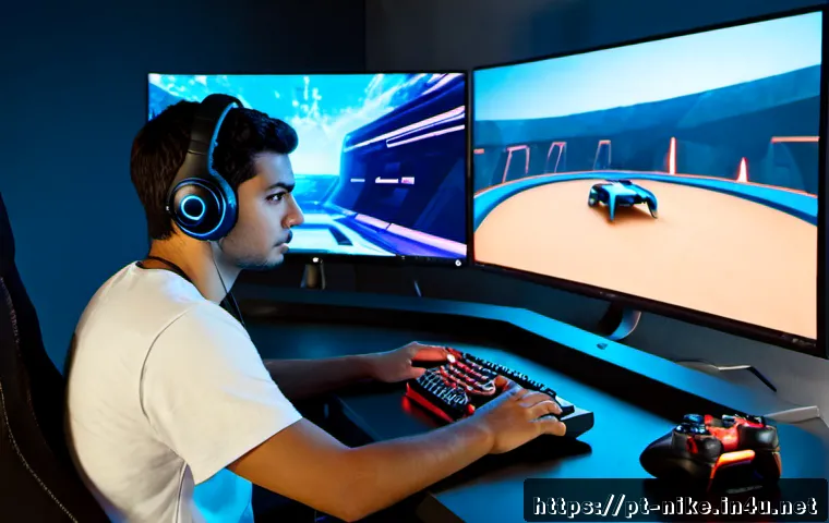 승리의여신 니케 전체 난이도 분석 - Photorealistic Brazilian gaming desk at night, a focused young adult player reviewing a futuristic s...