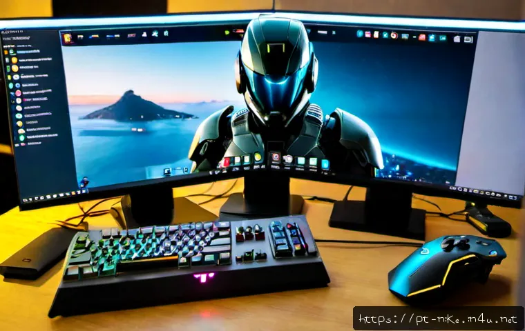 승리의여신 니케 스크린샷 퀄리티 향상 - Photorealistic close-up of a Brazilian gamer’s desktop setup, a high-resolution monitor displaying a...