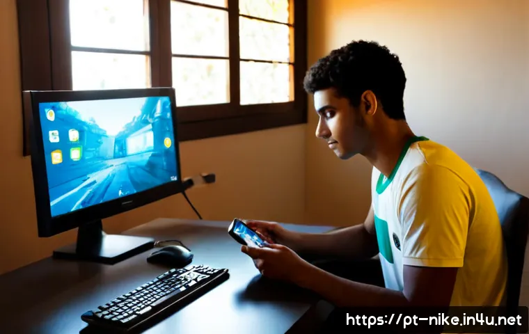 승리의여신 니케 공식 지원 포럼 - Photorealistic Brazilian young adult gamer using a smartphone at a tidy home desk, calmly receiving ...